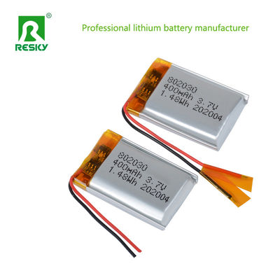 コンパクト 3.7v 400mAh リチャージ可能なリチウムポリマー電池 電力 リチウムイオンセル 802030 Jstコネクタ付き